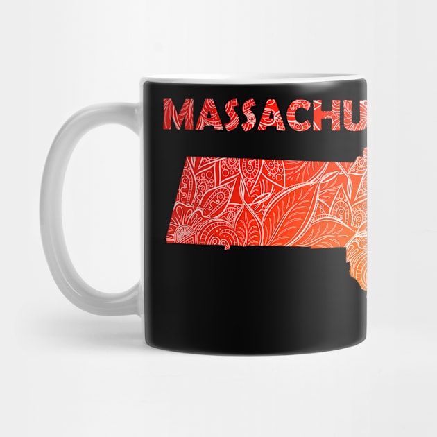 Colorful mandala art map of Massachusetts with text in red and orange by Happy Citizen